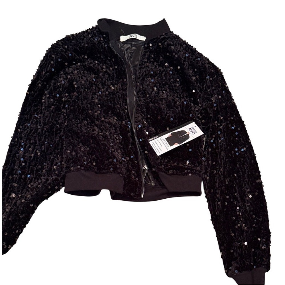 Madden NYC Women Black Sequin Bomber Jacket Cropped Full Zip Party Shimmer NEW